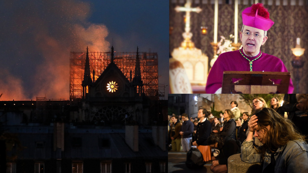 Image of Notre Dame Cathedral burning, crowds praying, and Bishop Athanasius Schneider